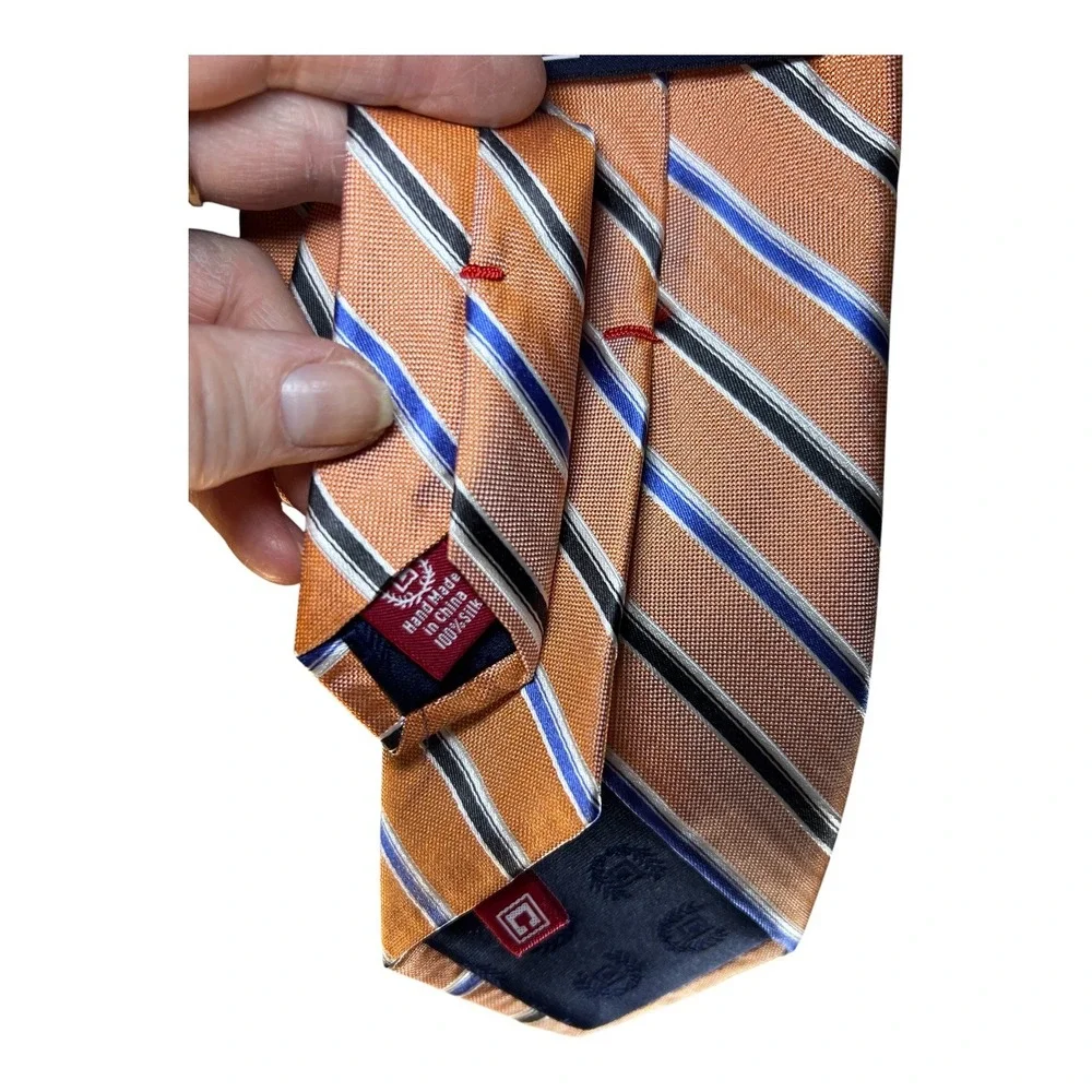 Chaps Mens Silk Necktie‎ Orange Navy Blue White Diagonal Striped Hand Made Tie